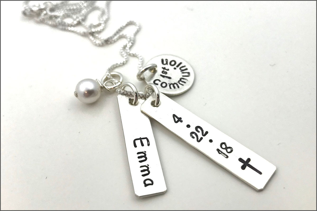 Personalized First Communion Necklace | First Communion Date Necklace, Sterling Silver Christian Jewelry, Custom First Communion Gifts