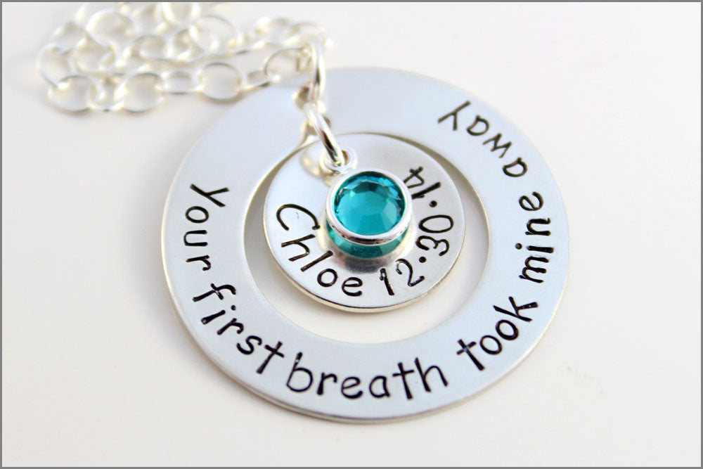 Personalized Sterling Silver New Mom Necklace | Your First Breath Took Mine Away, Custom Name & Birthdate Necklace