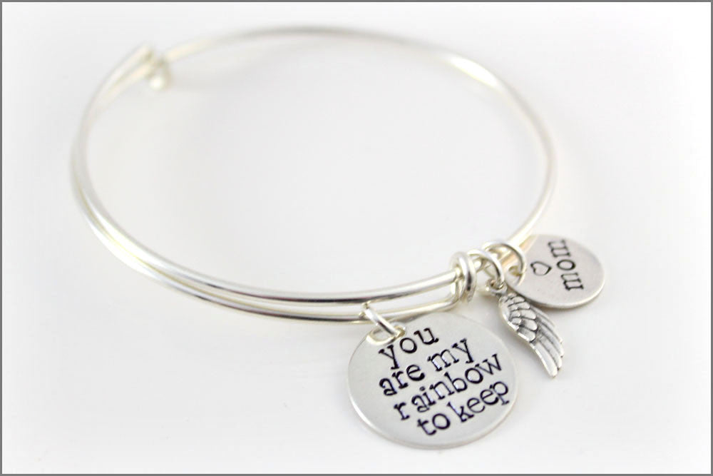 Remembrance Bangle Bracelet | Sterling Silver Charm Bracelet, Custom Name Charm, You are My Rainbow to Keep, Angel Wing Charm