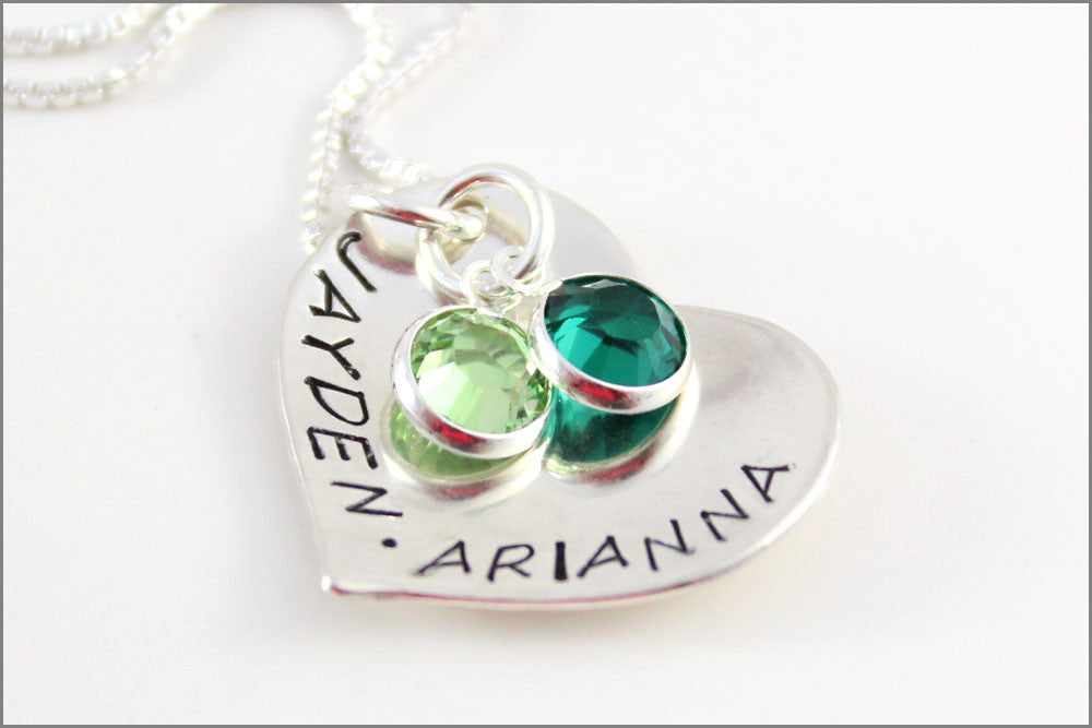 Two Name Heart Necklace with Birthstones | Sterling Silver Heart Necklace