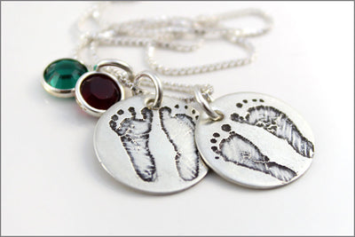Custom Baby Feet Necklace with Actual Footprints | Two Sets of Footprints on Sterling Silver Necklace
