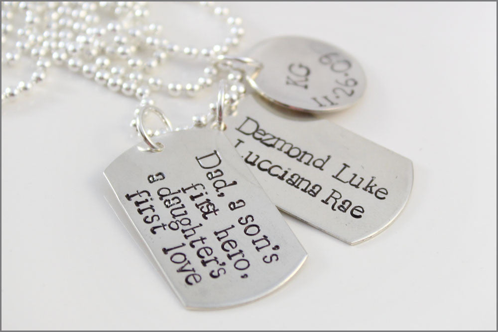 Personalized Sterling Silver Dad Necklace | A Son's First Hero, A Daughter's First Love, Dog Tag Necklace, Men's Custom Necklace