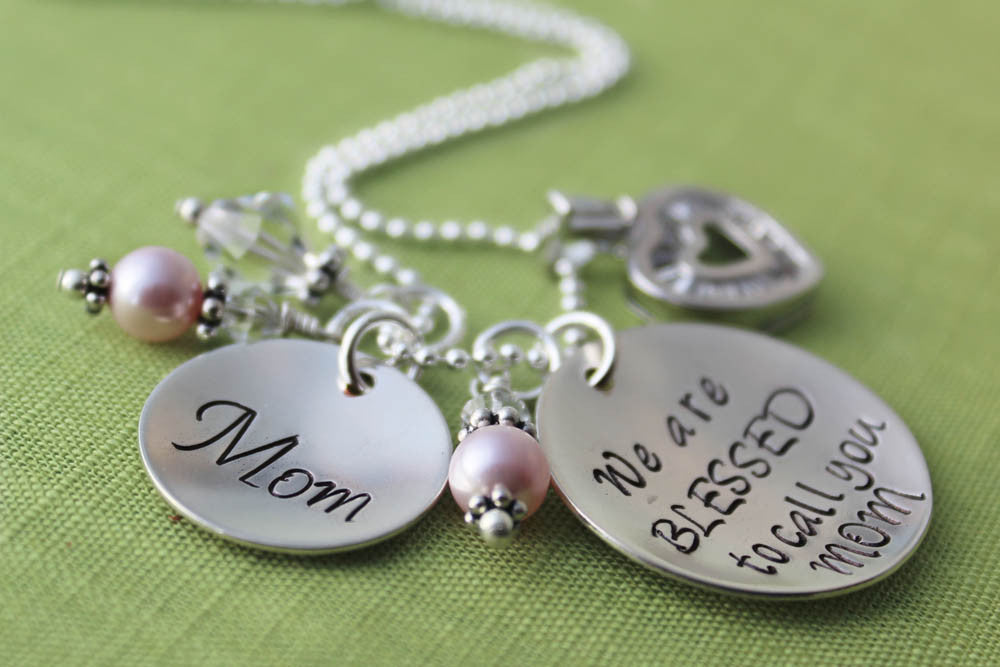 Mother's Necklace with Heart & Pearls in Sterling Silver | Blessed to Call you Mom Hand Stamped Jewelry