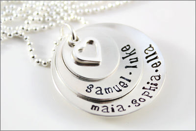 Personalized Mom Necklace with Children's Names on Stacked Sterling Silver Discs | Personalized Hand Stamped Mom Necklace