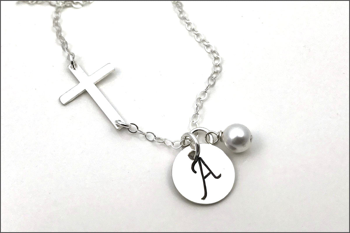Personalized Initial Necklace with Cross Chain | First Communion Gift, Initial Cross Necklace, Confirmation Gift, Silver Cross Necklace