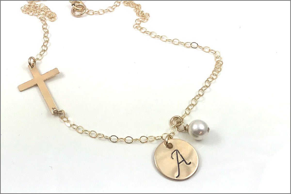 Personalized Initial Necklace with Cross Chain | Gold Cross Necklace, First Communion Gift, Initial Cross Necklace, Confirmation Gift