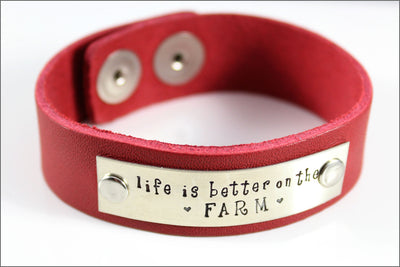Hand Stamped Farm Bracelet | Farm Jewelry, Farm Girl, Farm Wife, Country Jewelry, Red Leather Bracelet, Life is Better on the Farm