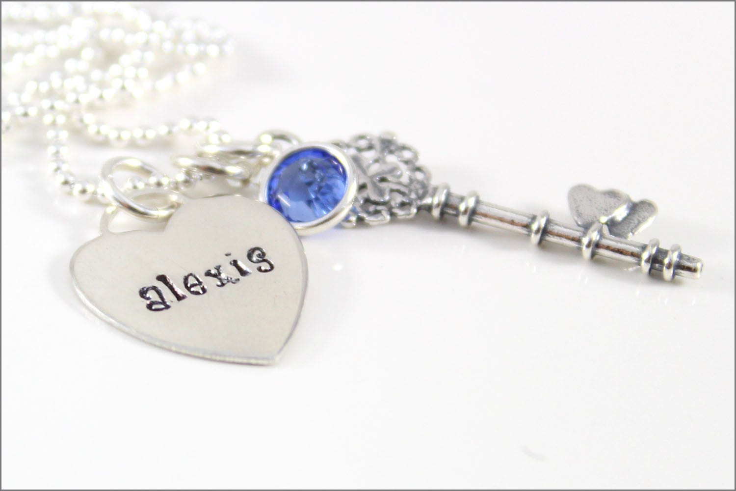 Personalized Heart with Fancy Key Charm & Birthstone Necklace