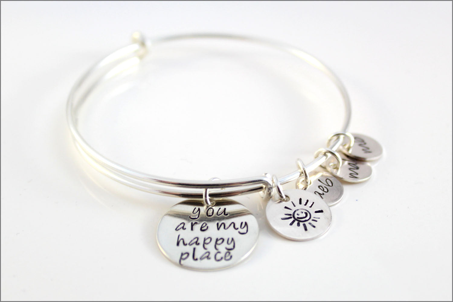 Personalized Bangle Bracelet | Sterling Silver Charm Bracelet, You are My Happy Place, Initial Charm Bracelet, Gifts for Mom
