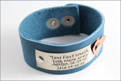 Customized Leather Bracelet with Copper Heart | Your First Breath Took Mine Away