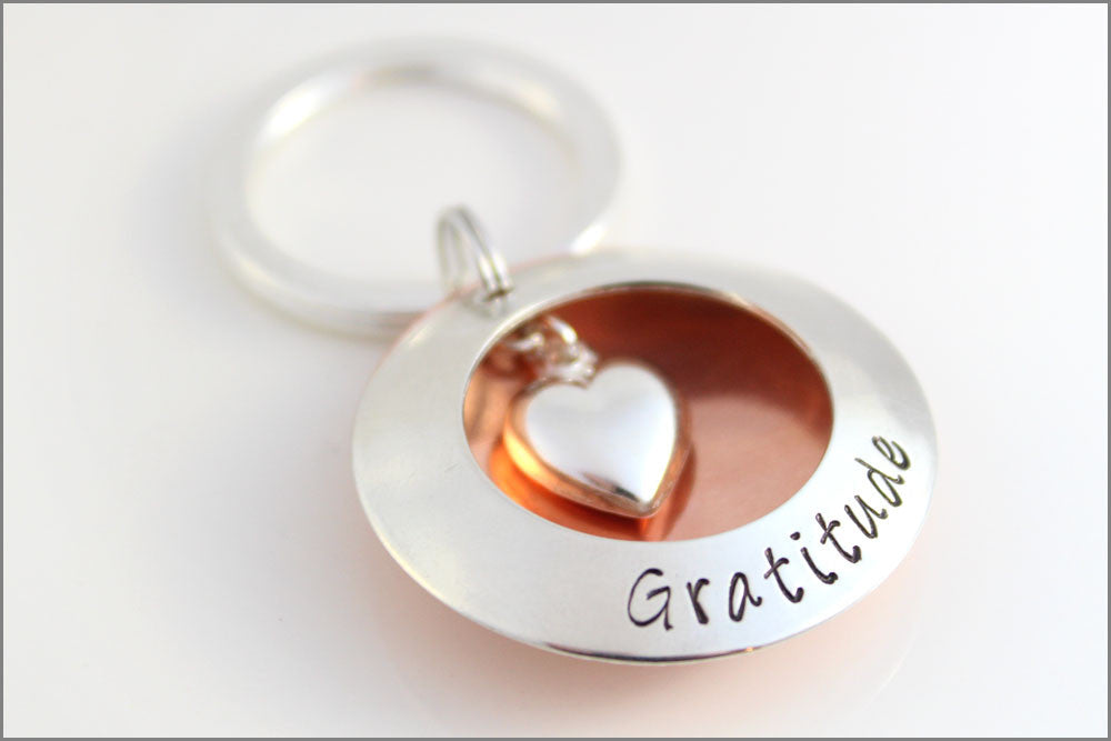 Mixed Metal Gratitude Keychain | Sterling Silver & Copper Locket, Puffy Heart Charm, Custom Message Key Chain