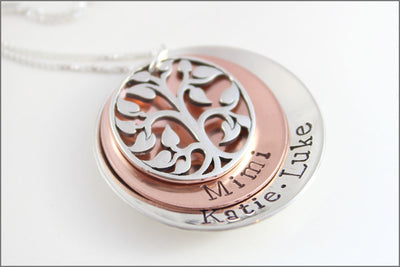 Personalized Grandma Jewelry | Sterling Silver & Copper Stacked Necklace with Tree of Life