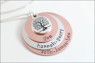 Custom Names Necklace | Sterling Silver & Copper Jewelry, Personalized Grandma Necklace, Tree of Life Necklace, Stacked Name Necklace