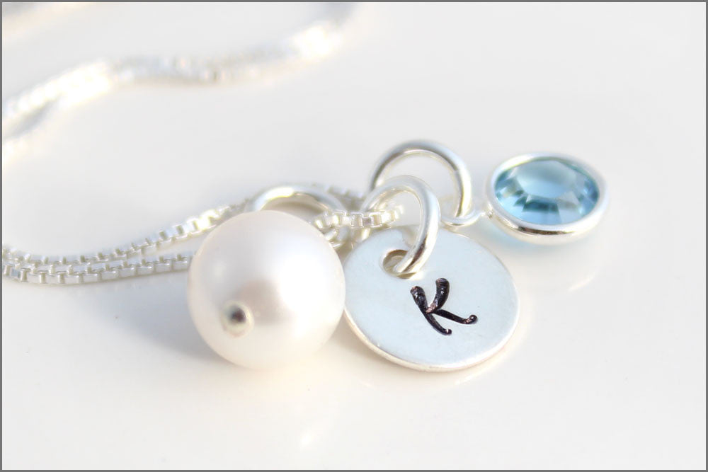Personalized Wedding Jewelry Gift for Bridesmaids |Sterling Silver Initial Necklace with Birthstone & Pearl