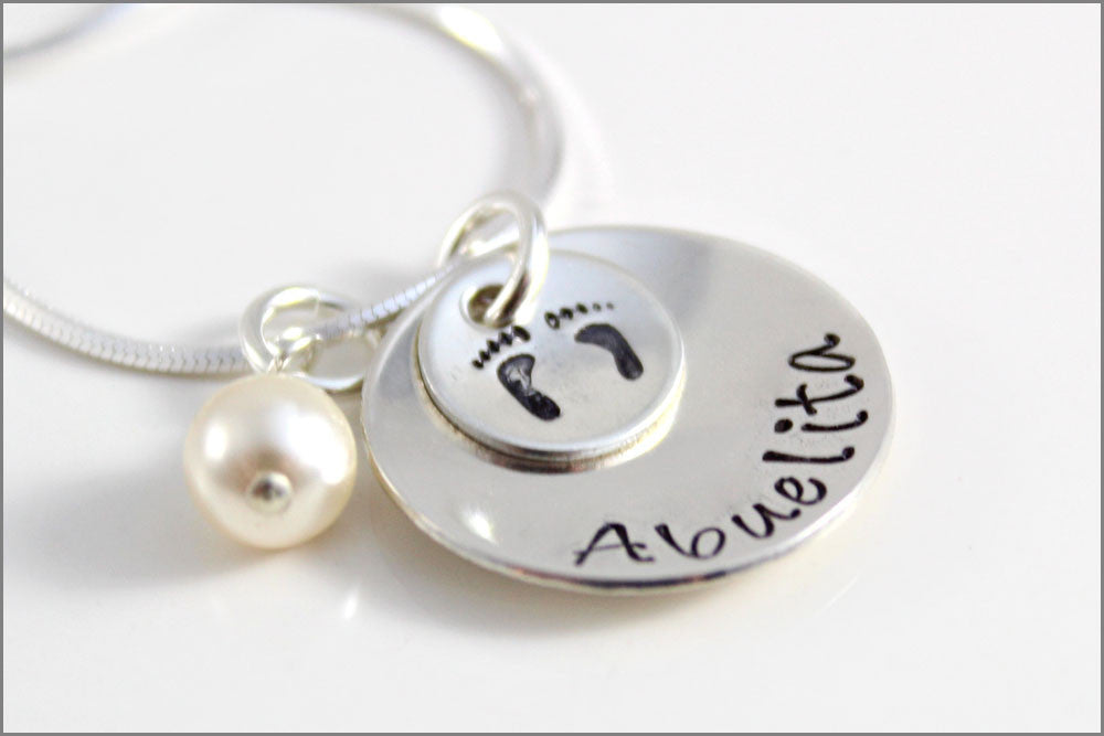 Custom Sterling Silver Abuelita Necklace with Baby Feet | Gift for Abuelita, Nana, Mima, Yaya, or Grandma
