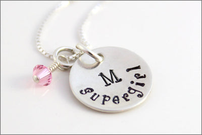 Little Girl Supergirl Necklace | Initial & Birthstone Necklace, Sterling Silver Hand Stamped Girls Jewelry