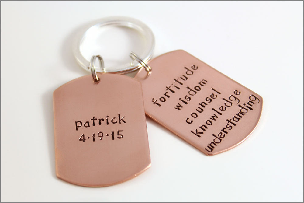 Double Dog Tag Keychain in Copper | Personalized Gift for Young Man | Hand Stamped Accessories