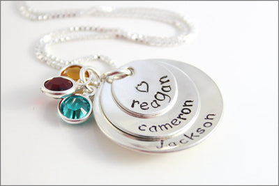 3 Name Stacked Mom Necklace with Birthstone Necklace