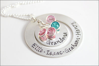 Personalized Grandma Washer Necklace with Birthstones