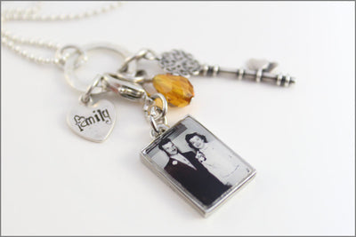 Personalized Family Necklace | Custom Photo Charm, Fancy Key Charm, Sterling Silver Hand Stamped Necklace, Long Chain Necklace