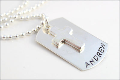 Personalized Silver Men's Ball Chain Necklace | Name on Dog Tag with Cross Charm on Ball Chain