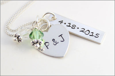 Custom Wedding Date and Couples Initials Necklace | Wedding Colors Jewelry, Sterling Silver Personalized Bridal Bouquet Charms