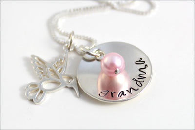 Sterling Silver Grandma Necklace with Hummingbird Charm & Pearl