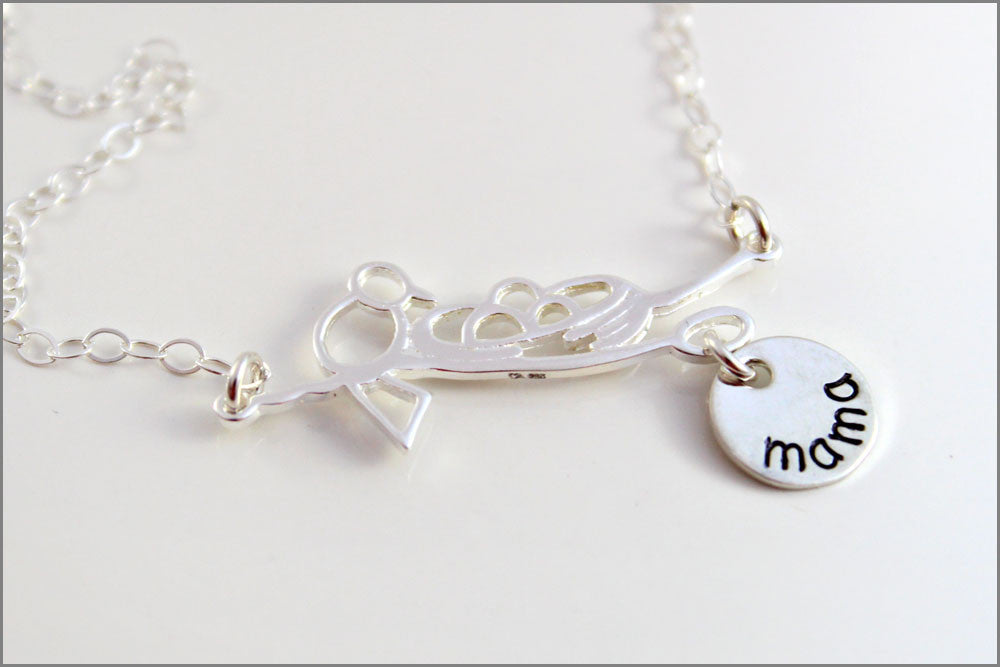 Mama Bird Necklace with Name Charm - Sterling Silver Mom Necklace - Bird's Nest Charm - Hand Stamped Jewelry