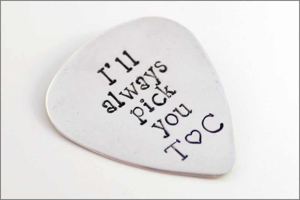 Customized Guitar Pick | I'll Always Pick You, Couples Initials, Sterling Silver Guitar Pick, Gifts for Music Lover