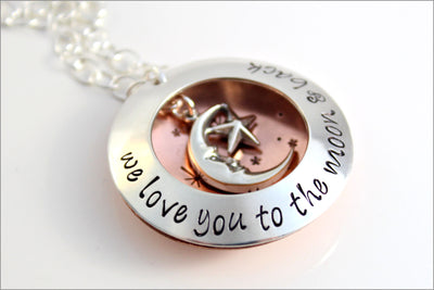 Custom Silver & Copper Locket | Hand Stamped Name Locket, Love You to the Moon and Back, Personalized Gift for Mom