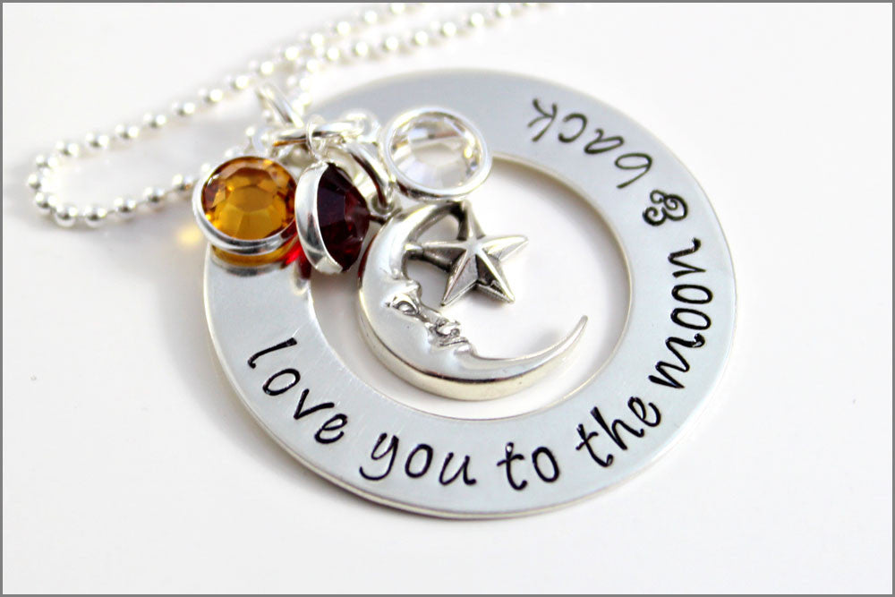 Love You to the Moon & Back Washer Necklace | Sterling Silver Mom Necklace, Personalized Birthstone Necklace, Hand Stamped Mom Jewelry