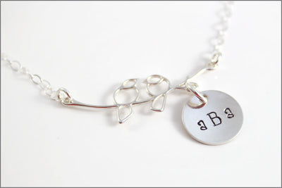 Love Bird Necklace with Monogram Charm - Sterling Silver Couples Necklace - Hand Stamped Jewelry