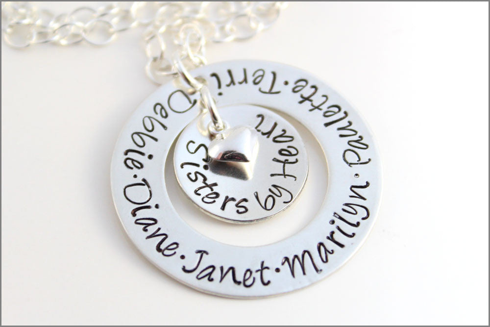 Sisters by Heart Necklace with Puffy Heart in Sterling Silver | Sister Necklace with Names