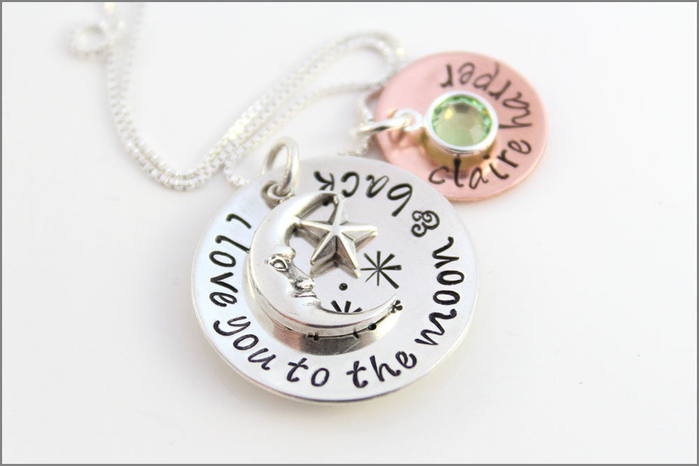 Love You to the Moon & Back Necklace in Sterling Silver and Copper | Personalized Mommy Necklace