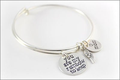 Remembrance Bangle Bracelet | Sterling Silver Charm Bracelet, Custom Name Charm, You are My Rainbow to Keep, Angel Wing Charm
