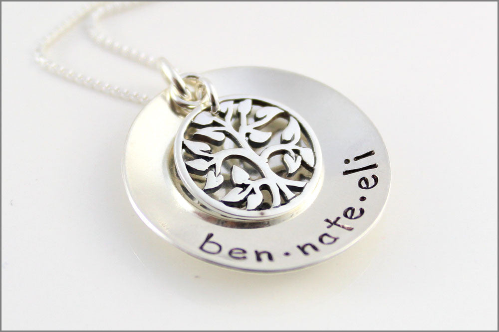 Custom Names Necklace | Sterling Silver Tree of Life Necklace, Personalized Mom Necklace, Hand Stamped Grandma Jewelry, Gift for Mother