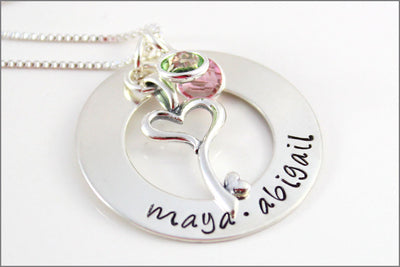 Personalized Sterling Silver Mom Washer Necklace | Key to My Heart Charm