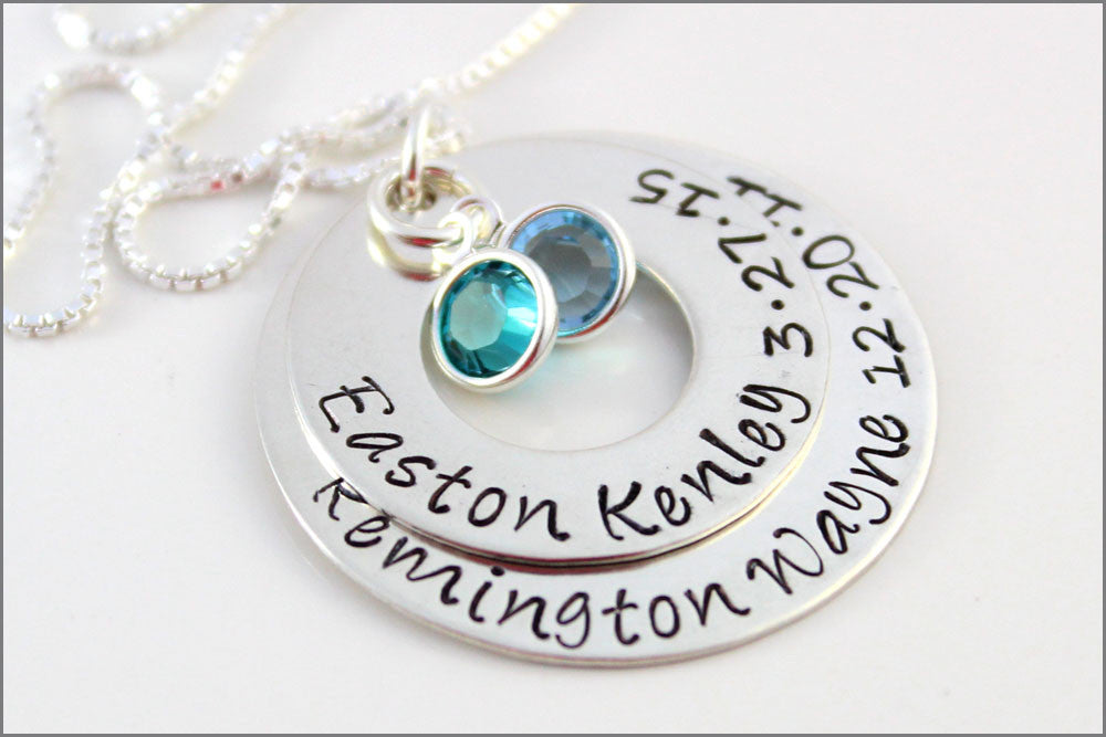 Personalized Name & Birthdate Necklace | Mom of Two Necklace, Stacked Washer Necklace, Sterling Silver Mom Necklace, Birthstone Necklace