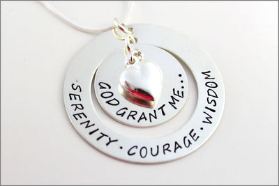 Serenity Prayer Necklace with Puffy Heart | Sterling Silver God Grant Me Serenity, Courage, Wisdom Hand Stamped Jewelry