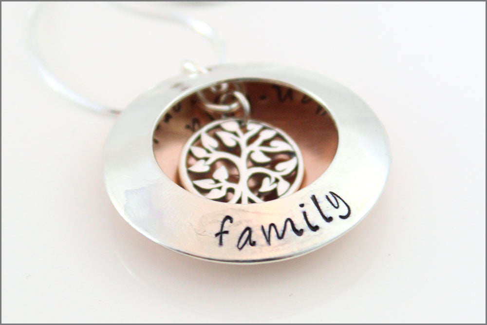 Personalized Locket Necklace | Tree of Life Charm, Sterling Silver & Copper Jewelry, Hand Stamped Family Jewelry, Gift Ideas for Grandma