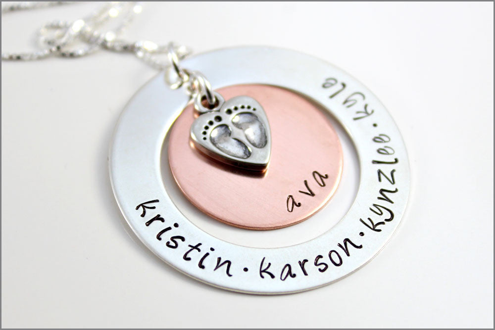 Personalized Grandma Necklace | Baby Feet Charm, Hand Stamped Silver Washer and Copper Disc, Custom Name Necklace, Gifts for Grandma