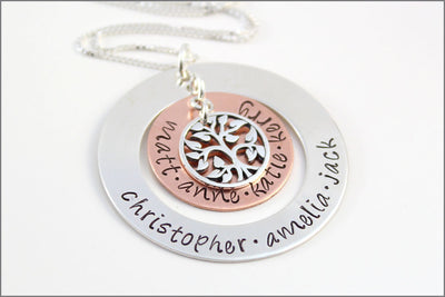 Personalized Silver Grandma Necklace | Sterling Silver & Copper Necklace, Tree of Life Charm, Many Name Necklace, Gifts for Grandma