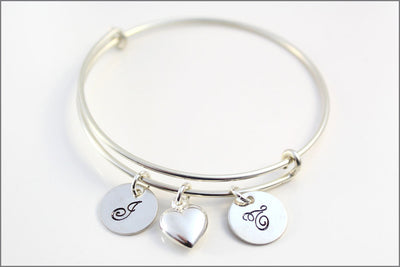 Couples Bangle Bracelet in Sterling Silver | Initial Charms & Puffy Heart Charm | Engagement or Wedding Gift