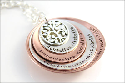 Personalized Grandma Necklace | Four Disc Stacked Necklace, Tree of Life Charm, Custom Name Necklace