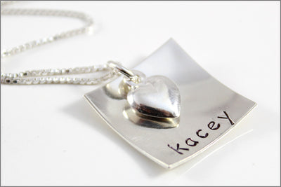 Square Necklace with Puffy Heart in Sterling Silver | Personalized Mom Jewelry with Child's Name