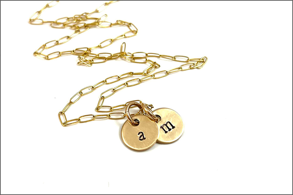 Dainty Gold Initial Disc Necklace with Paperclip Style Chain