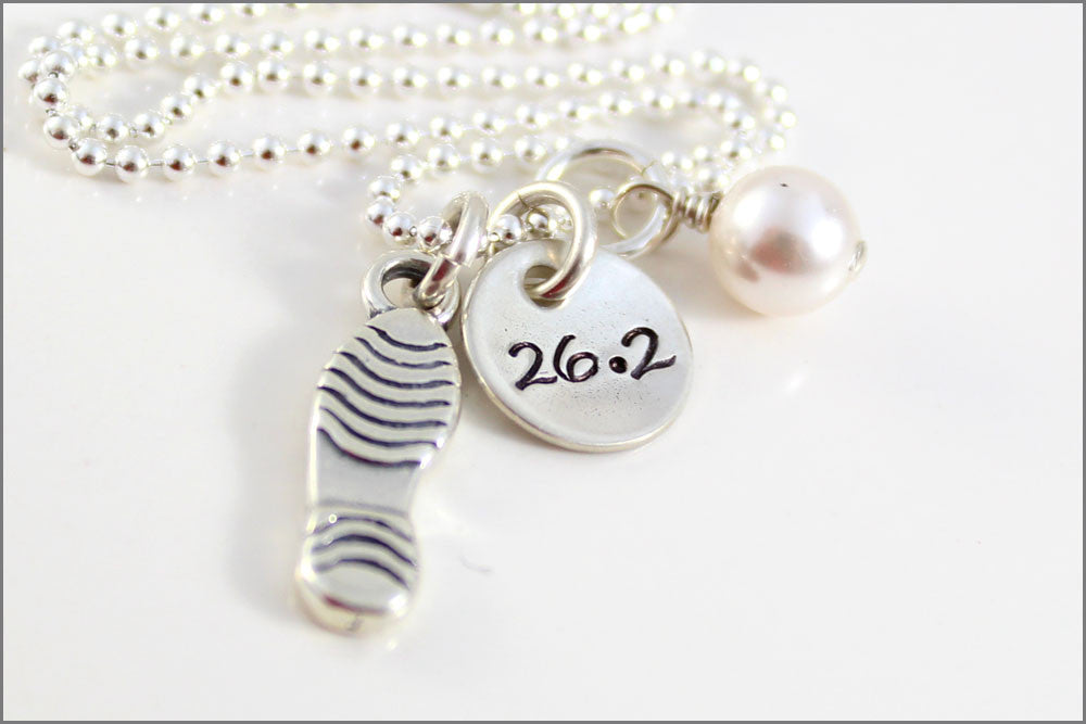 Personalized Sports Jewelry | 26.2 Marathon Necklace, Sterling Silver Runner Necklace, Sterling Shoe Charm and Pearl, Gifts for Runner