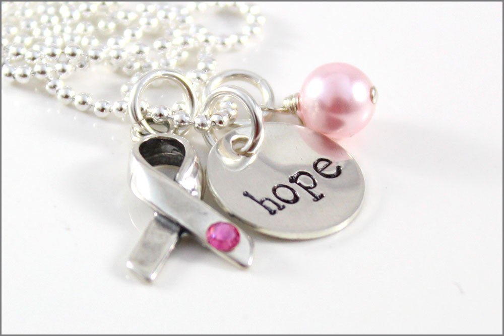 Breast Cancer Awareness Necklace | Sterling Silver Hope Necklace, Pink Ribbon Charm, Silver Hope Charm Necklace, Pink Awareness Charm