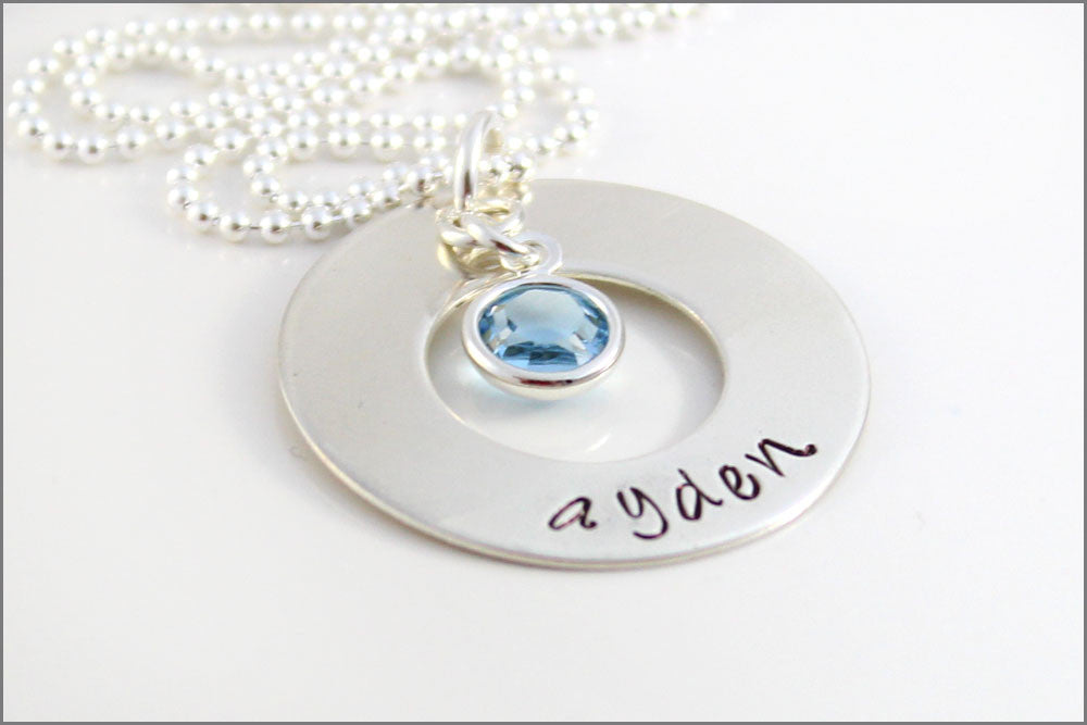 Personalized Mom Necklace with 1 Name & Birthstone | Sterling Silver Hand Stamped Name Necklace