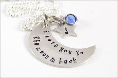 Personalized Moon & Star Necklace | Custom Mom Necklace, I Love You to the Moon & Back, Sterling Silver Moon Charm, Custom Star Charm